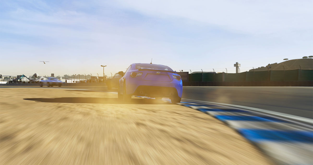 Surface types not only control the physics, but are also responsible for the dust kicked up as this car cuts the corner.