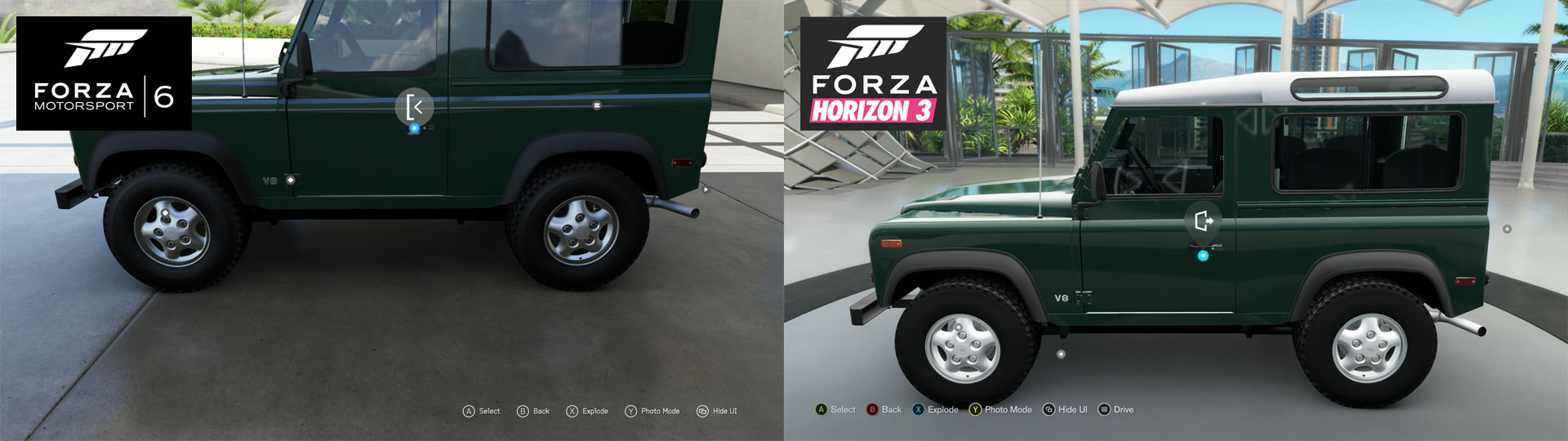 The camera position is a bit higher in Forza Horizon 3 (right),
 which keeps larger vehicles more centered on the screen than they were in Forza Motorsport 6 (left).
